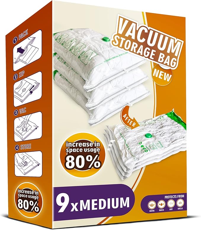 Storage Master Space Saver Bags for Travel and Home Reusable Vacuum Storage Bags Save 80% More Storage Space Work with Vacuum Cleaner (9 Medium, No Pump Included)