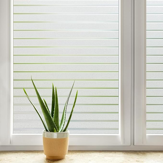 DOWELL Window Film Privacy Film for Glass Windows 44.5x200cm, Frosted Stripe Pattern Sticker Static Cling, Opaque Self Adhesive Glass Vinyl Decorative Covering Office Bathroom Home Temporary Blinds