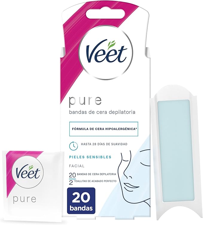 Veet Pure Cold Wax Strips for Facial Hair Removal Suitable for Upper Lips (Bigotte), Hypoallergenic Wax Formula for Sensitive Skin, 20 Strips
