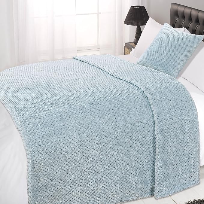 Dreamscene Fleece Blanket Bed Throw King Size, Soft Cosy Warm Honeycomb Waffle Mink Throws for Sofas Bed Settee Fluffy Faux Fur Blanket Large Sofa Throw, Duck Egg Blue - 200 x 240cm