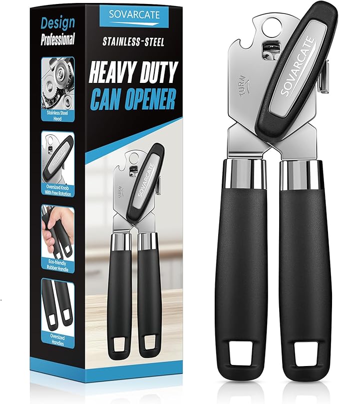 Tin Opener Can Opener Manual Multifunctional Heavy Duty with Magnet Lift [Ergonomic Curved Handle Grip] Stainless Steel, Non-Slip, Arthritis-Friendly, Handheld Tool for Seniors, Kitchen Essentials