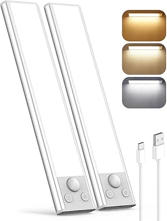Under Cabinet Kitchen Lights LED, 3 Color Motion Sensor Lights Indoor, Rechargeable Battery Operated Wardrobe Light, Wireless Magnetic USB Powered Strip Stick on Light for Shelf Stairs Counter[Energy Class G]