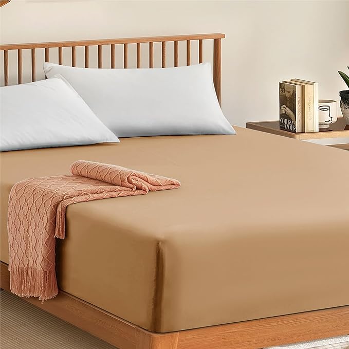 Fitted Sheet 100% Egyptian Cotton 300TC Hotel Quality 30 cm Fitted Bedsheets (Beige, King)