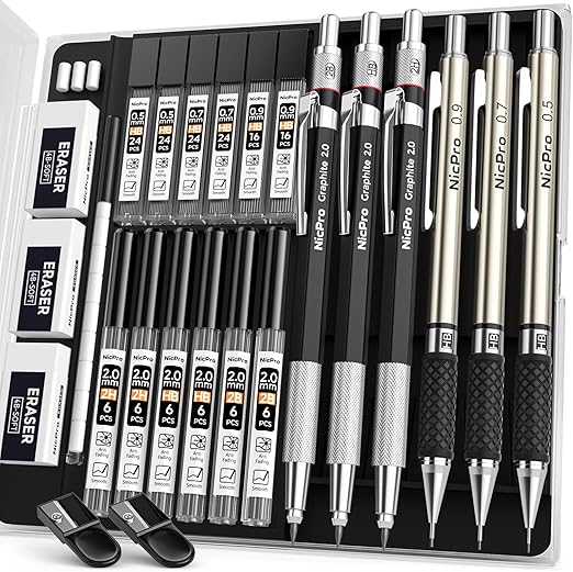 Nicpro 6PCS Mechanical Pencils Set, 3 PCS 2mm Lead Holder (2B HB 2H), Clutch Propelling Drafting Pencil 0.5 mm & 0.7 mm & 0.9 mm for Writing,Sketching Drawing with 12 Tube Lead Refills Case
