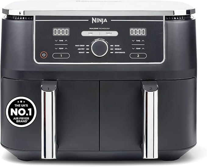 Ninja Foodi MAX Dual Zone Digital AirFryer, 2 Drawers, 9.5L, 6-in-1, Uses No Oil, Air Fry, Max Crisp, Roast, Bake, Reheat, Dehydrate, Cook 8 Portions, Non-Stick Dishwasher Safe Baskets, Black AF400UK