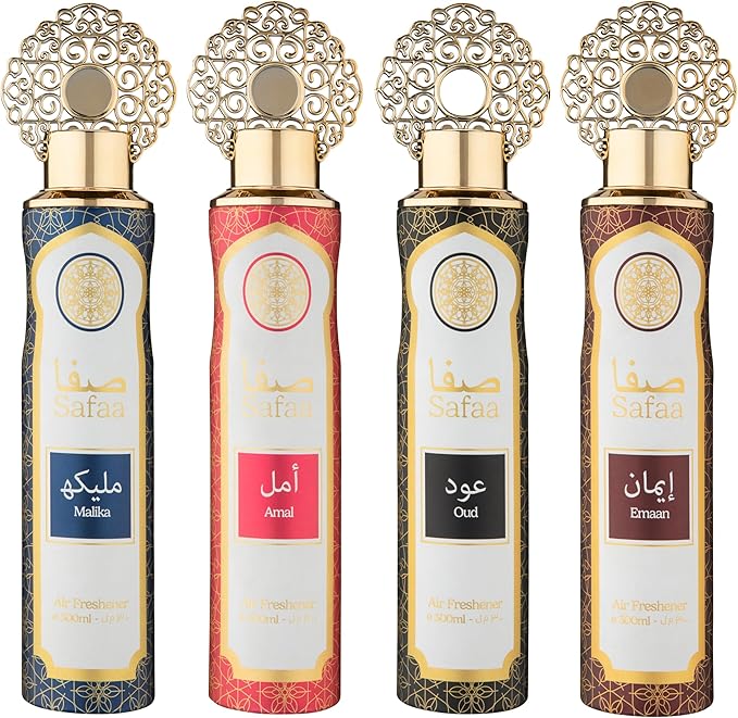 Designer Fragrances Safaa 4 Pack Exclusive Bundle - Amal, Emaan, Malika, Oud Luxury Air Freshener Cans - For Home & Vehicles – Natural Oils, Lasting Smell Spray – Deodorise & Neutralise Odours