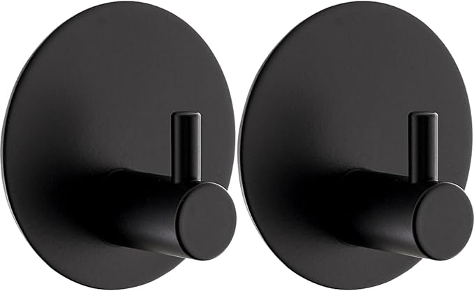 Drenky Black Self Adhesive Hooks No Drilling 2 Pack Waterproof Towel Hooks for Bathrooms Stainless Steel Towel Hooks with Adhesive Pads for Bathroom Kitchen