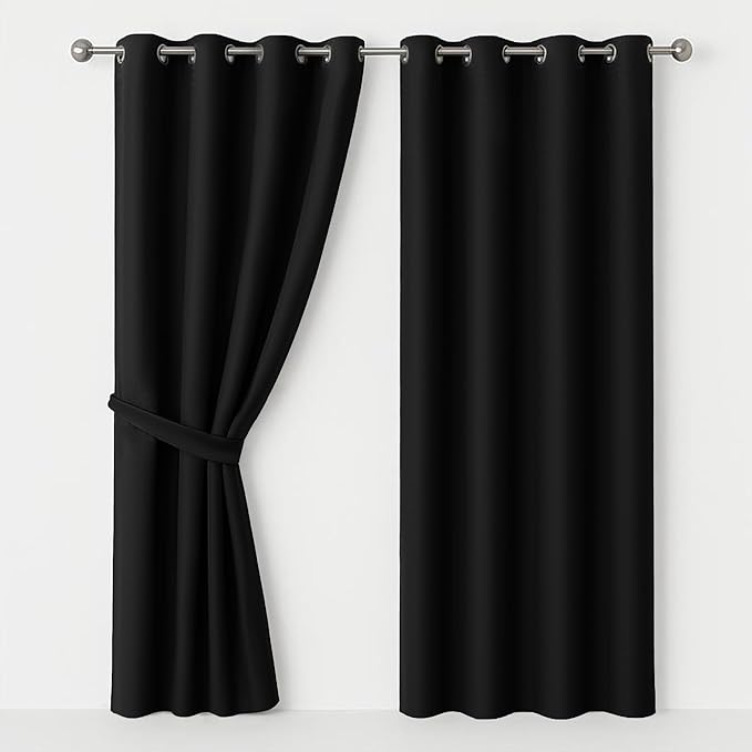 AMEHA Eyelet Blackout Curtains for Bedroom Soundproof Thermal Insulated Ring Top Kitchen Black Curtain 46x54 Inch, 2 Pieces with Tiebacks