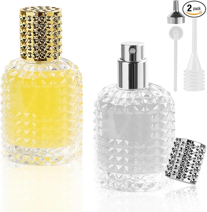LOPHE Perfume Atomiser Refillable, Mini Perfume Refill Bottles, Empty Clear Glass Perfume Atomiser Spray Bottles, Portable Atomiser with Fine Mist for Daily Business Trips, 50 ml 2 Pcs (Gold+Sliver)