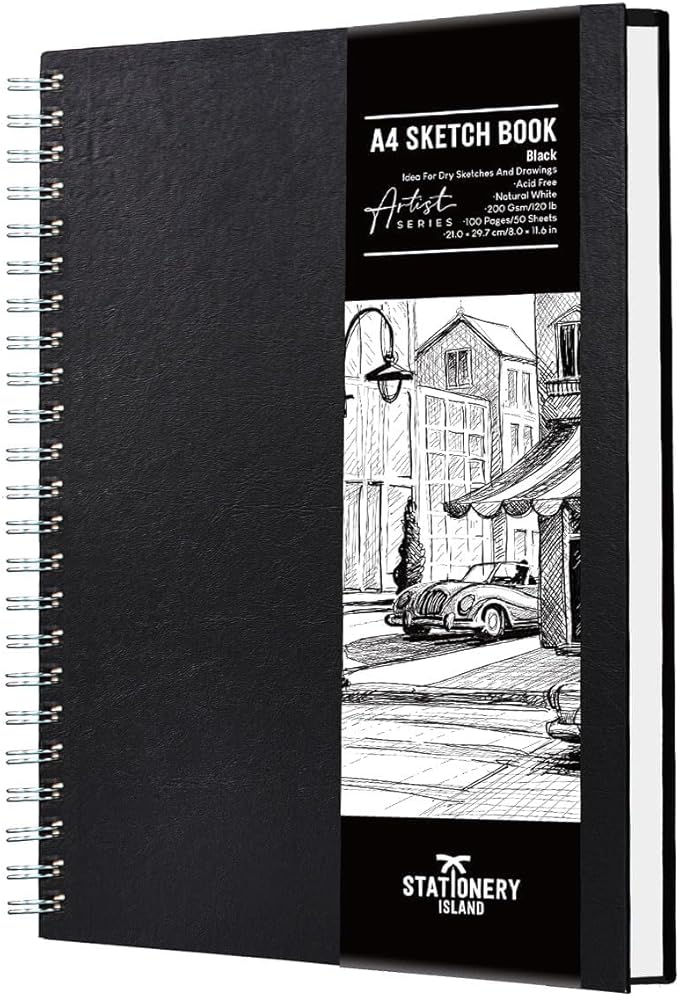 STATIONERY ISLAND A4 Sketchbook, Hardcover Sketch Book with 200GSM Thick Paper, Spiral Bound Sketch Pad A4, Drawing Pad for Sketching, Portrait, 50 Sheets / 100 Pages