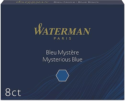 Waterman Fountain Pen Refill Ink Cartridges | Long Standard | Mysterious Blue | 8 Count