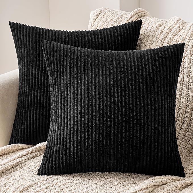 MIULEE Set of 2 Striped Corduroy Square Throw Pillow Case Soft Cushion Covers Sham Home for Sofa Couch/Bedroom Decorative Fluffy Large Pillowcases 18x18 Inch 45x45cm Black