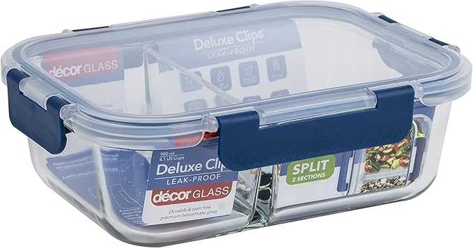 Décor Deluxe Clips Glass Food Storage Container with Split Compartments, BPA-Free Airtight & Leakproof Lid Storage Container, Dishwasher, Freezer & Microwave Safe, Odour Resistant Glass Jar, 980ml