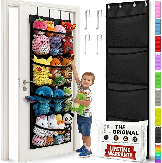 Honeyera The Original Stuffed Animal Storage (Patented) - Over Door Organizer for Stuffies, Baby Ideas Holder, Toy Plush Hammock Hanging Net Big Girls Toddler Large Bag Animals Stuffy Behind
