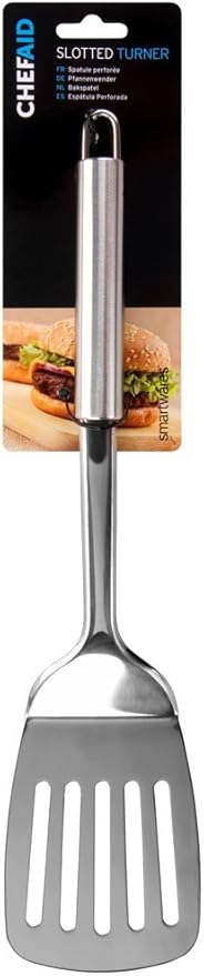 Chef Aid Stainless Steel Slotted Turner, Ideal Spatula for kitchen and BBQ, Slots allow for grease and oil drain before transfer fitted with easy store hanging loop, Dishwasher Safe, Silver, 28cm long