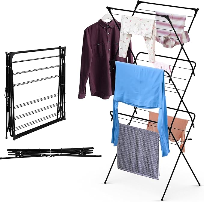 ABN Finest Maiden Clothes Dryer Horse Indoor Folding, 18m Drying Racks with 10kg Load Capacity, Compact 3 Tier Clothes Airer for Small Spaces Metal Black