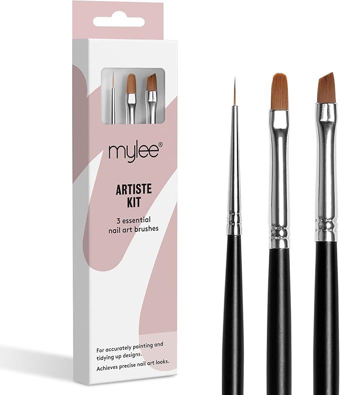 Mylee Artiste Nail Brush Kit, 3x Brushes Design for Gel Nail Art & Polish Application, Oval, Angled, Fine, Professional Quality Manicure Painting Tool, Liner Drawing Pen, for Home & Salon Use