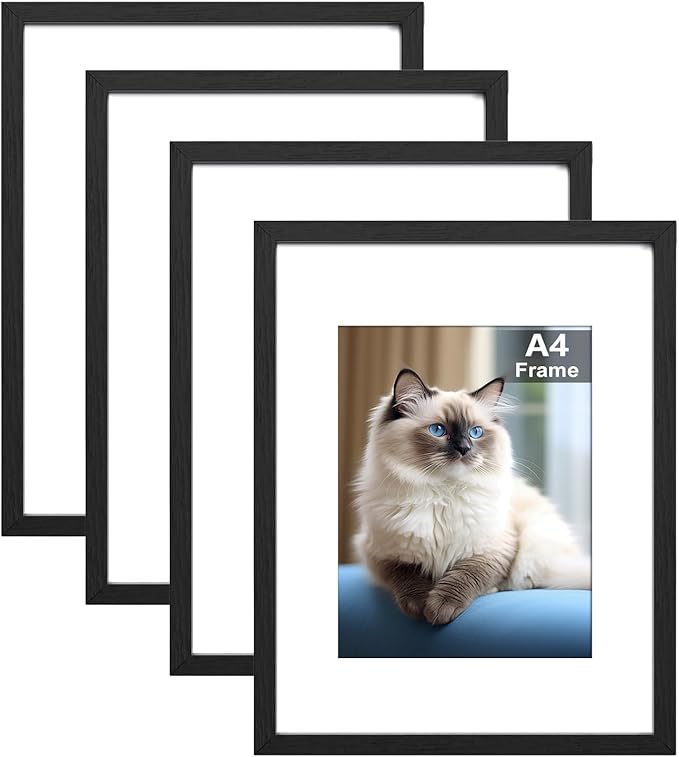 RUN HELIX A4 Picture Frame Set of 4, A4 Frame, Black Picture Frames 22.6 x 31.3cm, A4 photo Frames,Plexiglass, A4 Poster Frame With Stand Table Top or Wall Hanging