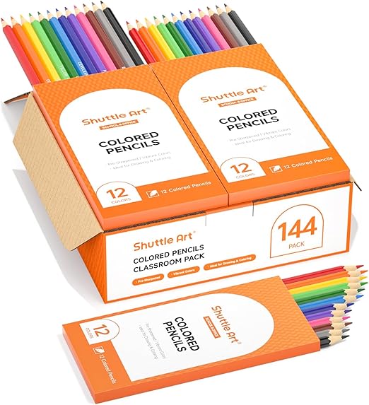 Shuttle Art 144 Pack Colouring Pencils Bulk, 12 Colours Pack of 12 Sharpened Coloured Pencil Set for School, School Pack Wooden Drawing Pencils for Kids, Class pack Back to School Supplies