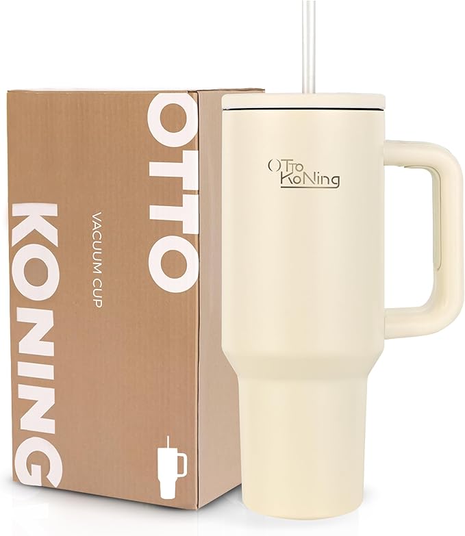 Travel Mug with Handle Otto Koning 40oz (1.2L) – Double Wall Insulated Tumbler with Straw & Lid – Stainless Steel Thermal Cup for Hot & Cold Drinks – Fits Car Cup Holders & Gym Gear