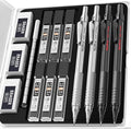 Nicpro Metal Mechanical Pencils Set of 4 0.5mm and 0.7mm with Case, MP1000 Artist Pencils with 4 HB and 2B Tubes, 3 Erasers, 9 Refills for Art Writing, Drawing, Black and Silver