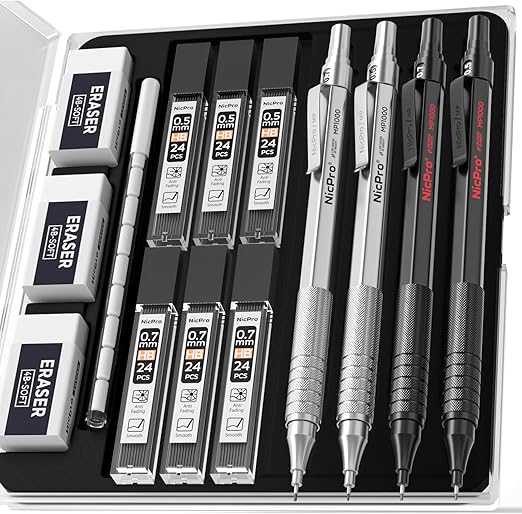 Nicpro Metal Mechanical Pencils Set of 4 0.5mm and 0.7mm with Case, MP1000 Artist Pencils with 4 HB and 2B Tubes, 3 Erasers, 9 Refills for Art Writing, Drawing, Black and Silver