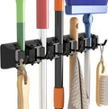 Lifewit Broom Mop Holder Wall Mounted, Heavy Duty Broom Storage with 5 Slot 6 Hooks, Utility Room Storage Solutions for Broom Cupboard Kitchen Bathroom Garage and Garden Tool Organiser, 1 Pack, Black