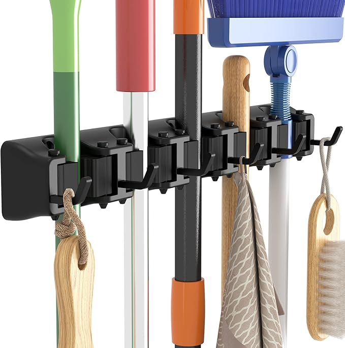 Lifewit Broom Mop Holder Wall Mounted, Heavy Duty Broom Storage with 5 Slot 6 Hooks, Utility Room Storage Solutions for Broom Cupboard Kitchen Bathroom Garage and Garden Tool Organiser, 1 Pack, Black