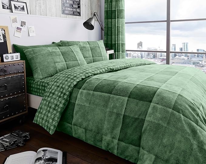 GC GAVENO CAVAILIA Checked Bedding Double Bed Set - Hypoallergenic Reversible Duvet Cover With Pillowcases - Comforter Cover Duvet Sets (200x200 cm) - Green