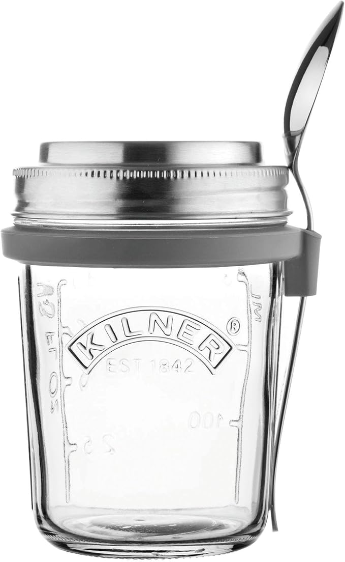 Kilner 0.35 Litre Breakfast Jar Set with Stainless Steel Spoon and Measuring Lid Perfect for Overnight Oats, Yogurt, Smoothie Bowls, Granola, Chia Pudding