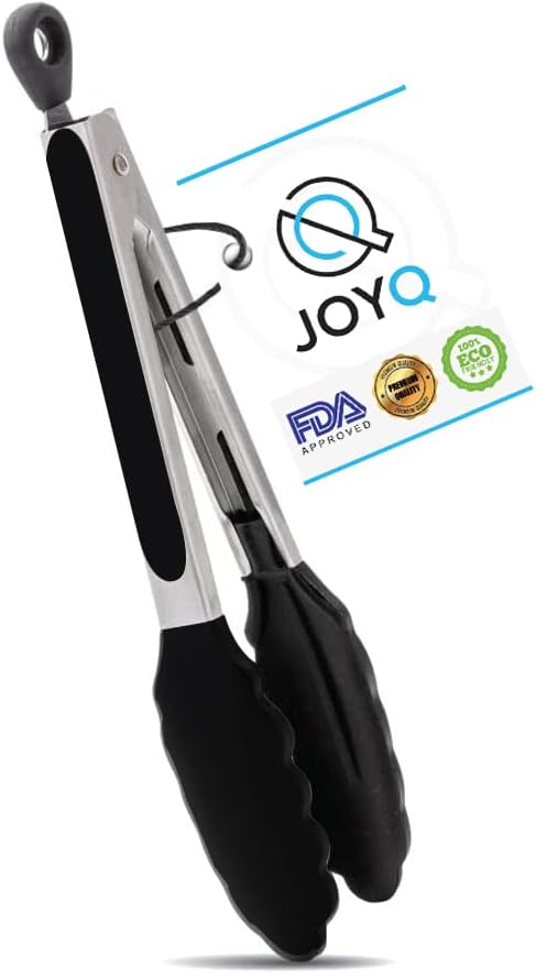 Kitchen Tongs - 9 Inch Kitchen Utensil Cooking Tongs with Padlock System - Easy Grip Food Grade Silicone Tongs for Meat, BBQ, Frying and Serving (9 inch, Black)
