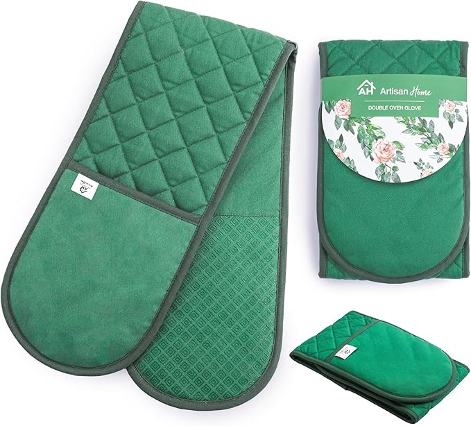 Green Double Oven Gloves Heat Resistant Silicone Oven Mitts Pair | Non-Slip Silicone Oven Gloves Double Oven Mitt | Machine Washable Thick Potholders Home & Kitchen Accessories.