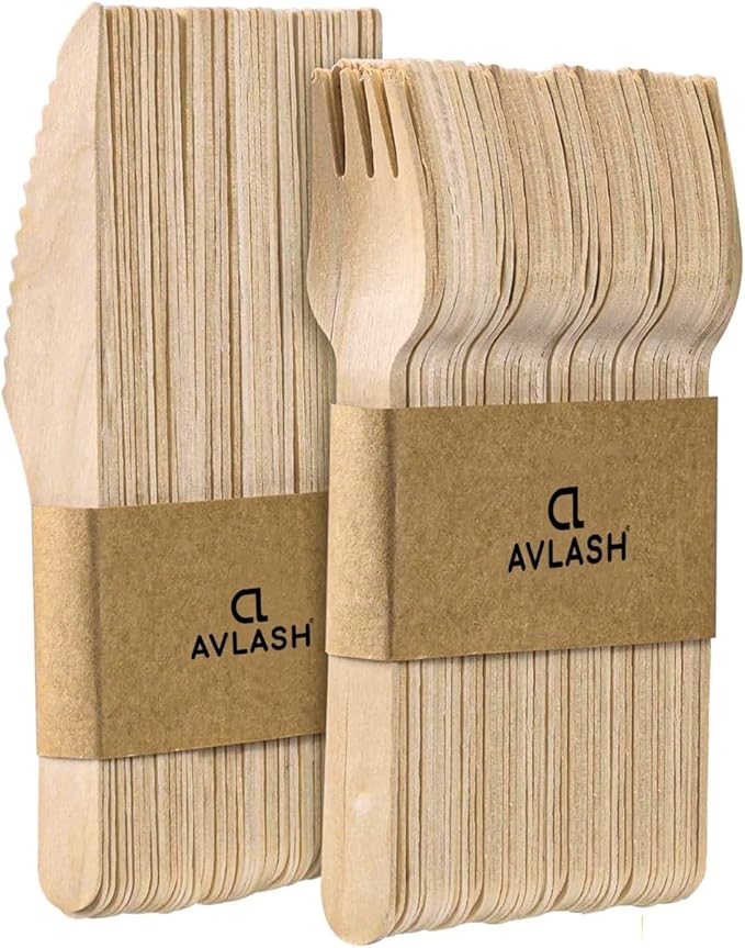 Pack of 200 Wooden Disposable Knives & Forks, Compostable & Biodegradable Disposable Wooden Cutlery Set, Plastic Free, Eco Friendly - (100pcs Knife & 100pcs Fork)