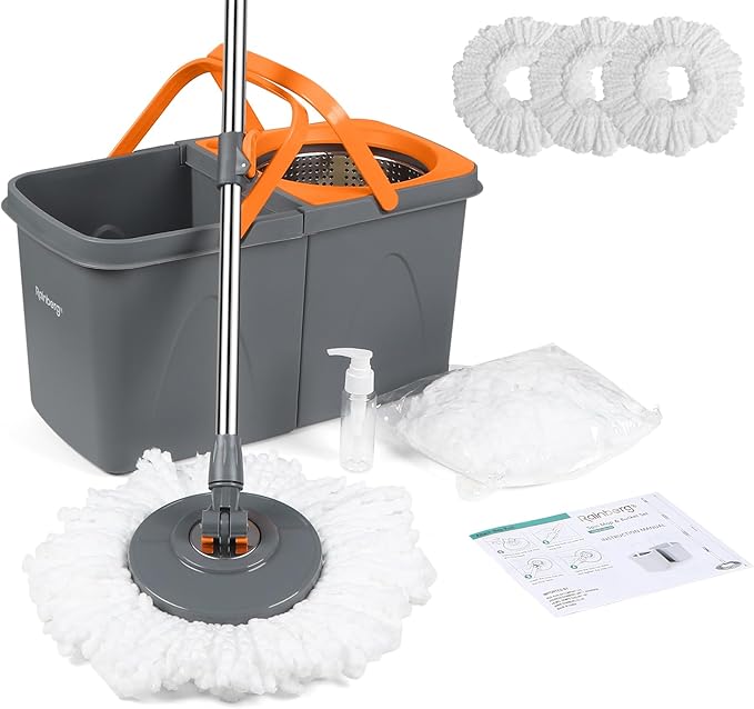 Rainberg Spin Mop and Bucket Set With 3 Extra Heads, 130cm Extendable Handle, Machine Washable Microfibre Heads, Self-Wringing System, Mop Set For Home Cleaning Grey and Orange (Spin Mop Set)