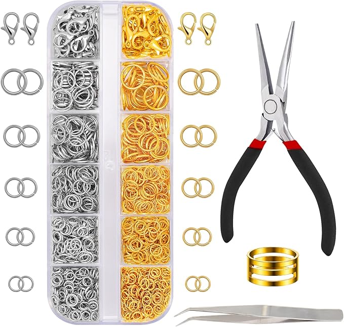 Jump Rings Kit, Silver Gold Open Jump Rings with Jewellery Pliers for Jewellery Making Bracelet Earring Necklace Repair (4mm 5mm 6mm 8mm 10mm)