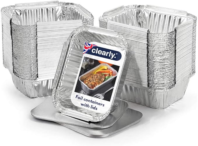 Clearly Set 50 Foil Trays with Lids, Aluminium Disposable Reusable Foil Food Container, Takeaway Containers, Great for Baking, Cooking, Freezing, Heating, Storing, BBQ (14.7x12.3x5cm)