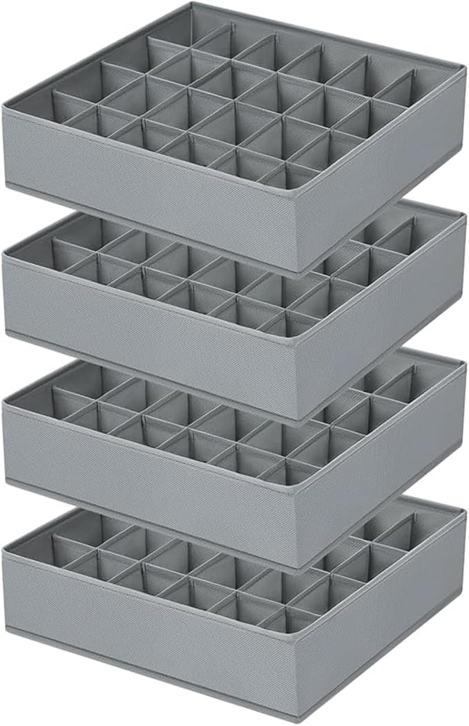 Sock Organisers Drawer Organiser Dividers - 4 Pack 24 Cell Underwear Closet Cabinet Organizer Foldable Wardrobe Storage Boxes for Baby Clothes, Lingerie, Handkerchiefs, Ties (Dark Grey)
