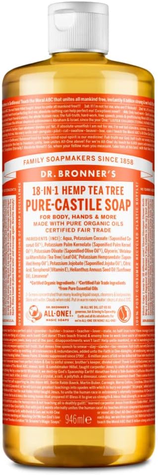 Dr Bronner's 18-in-1 Pure Castile Liquid Soap, Made with Organic Oils, Used for Face, Body, Hair, Laundry, Pets and Dishes, Certified Fair Trade & Vegan Friendly, 946ml Recycled Bottle