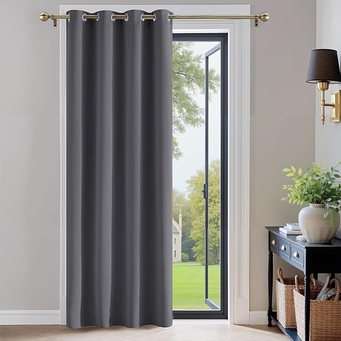 PONY DANCE Blackout Curtain with Eyelet - Grey 52 x 84 Inch Long Door Curtain for Bedroom Thermal Insulated Soundsproof Privacy Single Drape for Living Room, 1 Panel, Gray