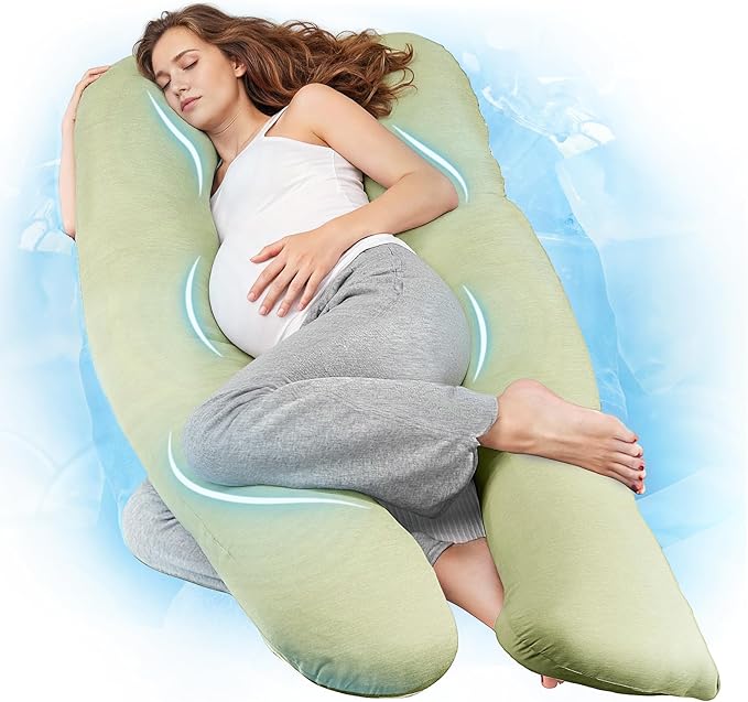 Nuliie Pregnancy Pillow for Sleeping, U Shaped Full Body Pillow with Washable Cooling Fabric Cover, Maternity Pillow Support for Back, Hips, Legs for Pregnant Women (Cooling Light Green)