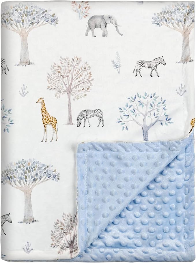 Soarwg Kids Baby Blanket Newborn Gifts, Soft Plush Blankets with Dotted Backing, Fleece Fabric Essentials for Unisex, Toddlers, Boys Girls 75x100cm (Giraffe, Elephant, Zebra), Blue Giraffe (SOD0018)