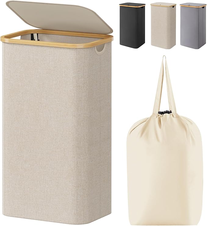 Lifewit 100L Laundry Basket with Lid, Clothes Hampers for Laundry with Bamboo Handles and A Removable Laundry Bag, Large Foldable Laundry Hamper for Bedroom, Bathroom, Dorm, Laundry Room, Beige