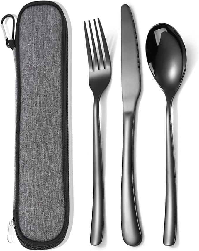 MURRI&MURRDI Stainless Steel Cutlery Set for 1, Reusable Flatware Set with Case, Cutlery Set for Work Stainless Steel Knife Fork Spoon Set 3 Piece (3 Black)
