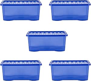 Wham Crystal 5 x 45L Stackable Plastic Storage Boxes with Lids | Ideal for Home, Office, Toys & More | Large Boxes | Made in UK - Spectrum Blue