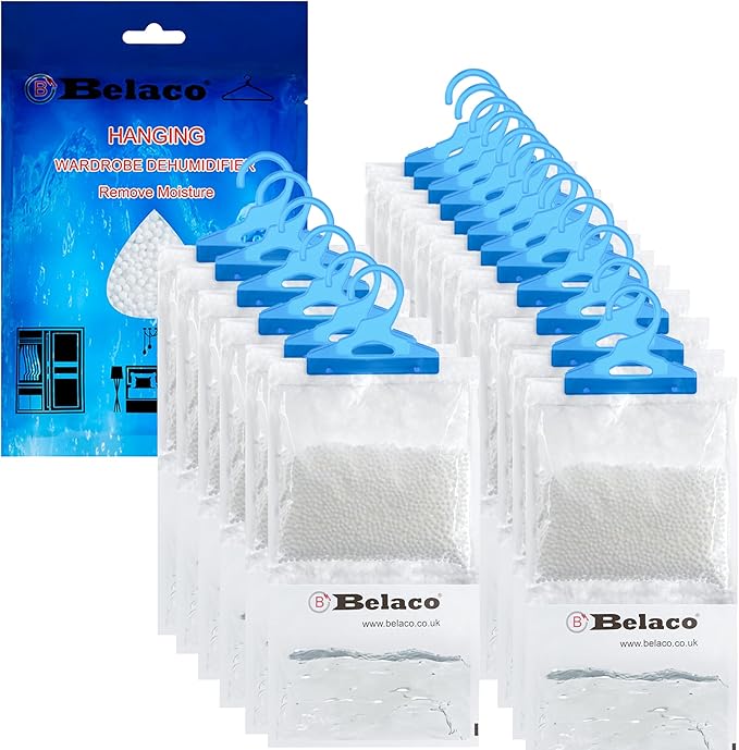 Belaco Set of 18 Hanging Dehumidifier, 230g Moisture Absorber, Dehumidifier for home, Ideal to eliminate damp & Condensation Bedroom, Wardrobe, Kitchen, Basement, Office etc (18)