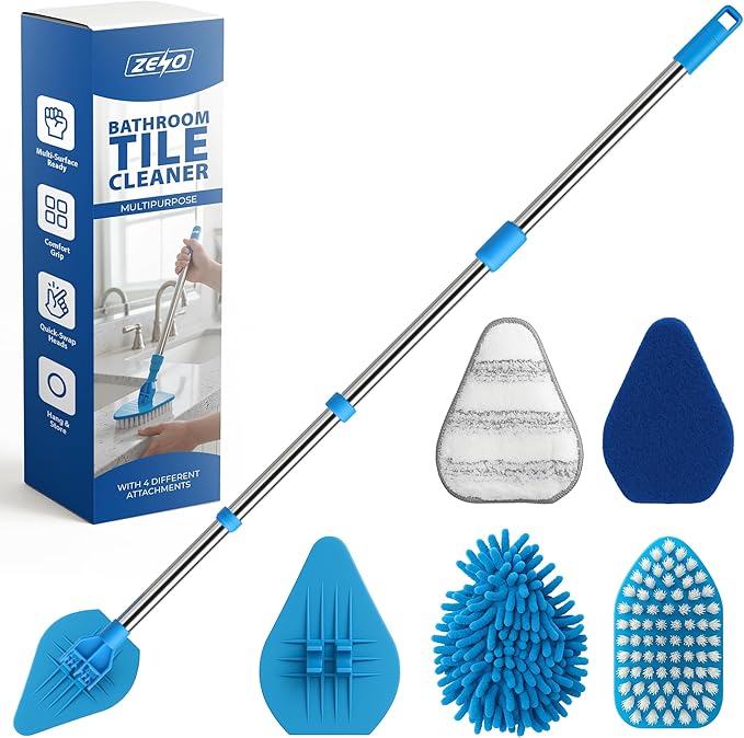 ZENO Shower Cleaner Tool 120CM | Bathroom Tile Cleaner with 4 Replaceable Heads | Long Handle Bath Cleaner Brush | Multi Surface Wall Mop and Bathroom Scrubber Cleaning Tool