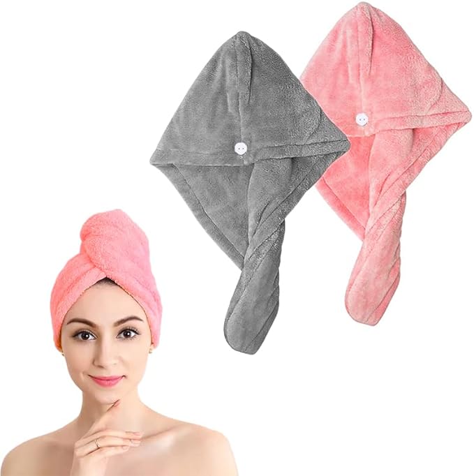 Shakeel Pack of 2 Microfiber Hair Towel Wrap | Super Absorbent Hair Turbans for Quick Dry, Wrap Towel with Buttons, Anti-frizz, Pink and Grey