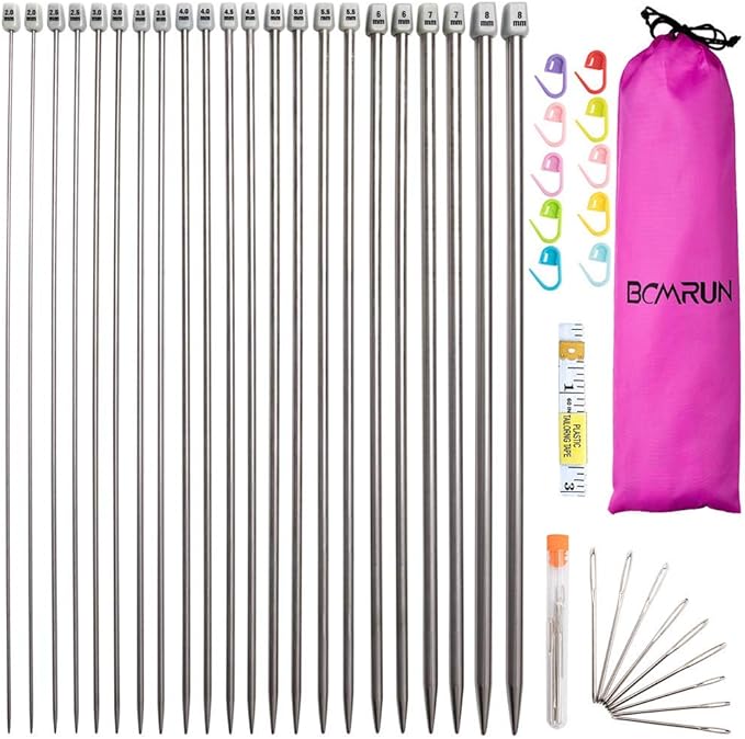 Knitting Needle Set,BCMRUN 22PCS 2mm(B)-8mm(L) Straight Single Pointed Stainless Steel Sweater Needles Set(11Pair-11Size,14 inch)with Locking Stitch Makers Large-Eye Blunt Needles Measure Tape (25cm)