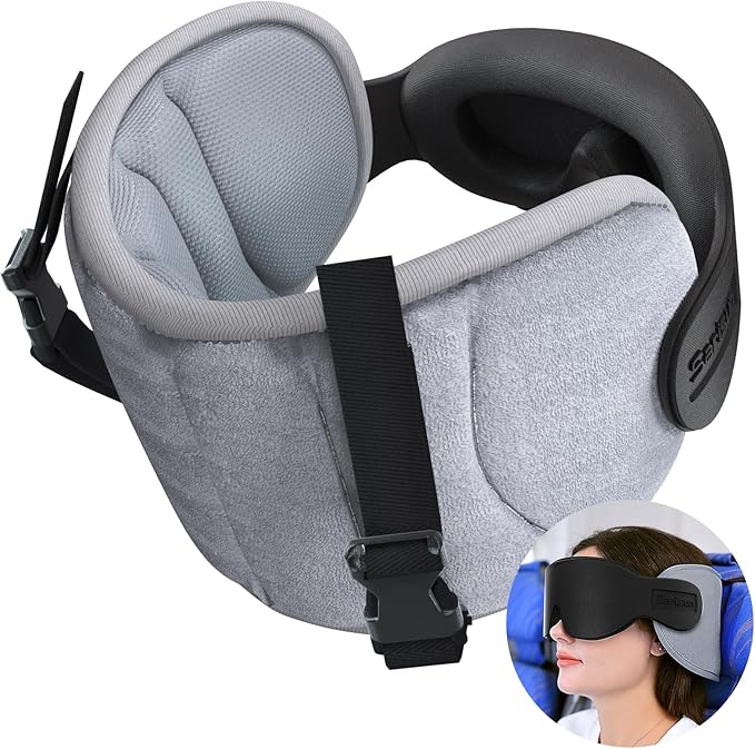 Travel Pillow for Airplanes, Neck Airplane Pillow for Long Flight, 3D Eye Mask for Sleeping, Portable Travel Head Strap for Car, Road Trip Car, 360° Support Headrest, Grey