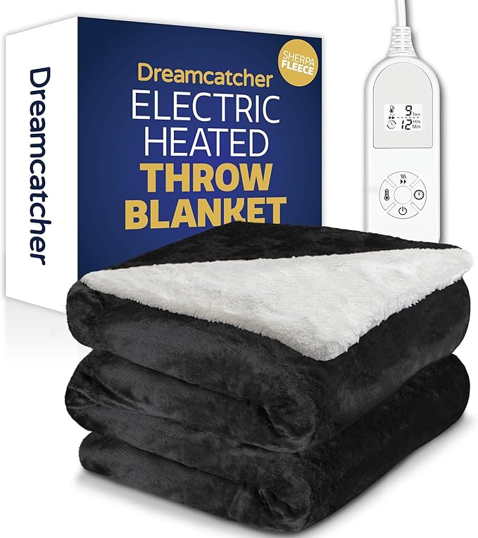 Dreamcatcher Black Heated Throw Electric Blanket, 160 x 120cm Heated Blanket Machine Washable Soft Micro Fleece & Sherpa Electric Throw Overblanket with 12HR Timer and 9x Control Heat Settings